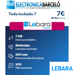 TARJETA SIM PREPAGO LEBARA CON 7 GB + Ilimitadas nac. + 100 min. intern. 